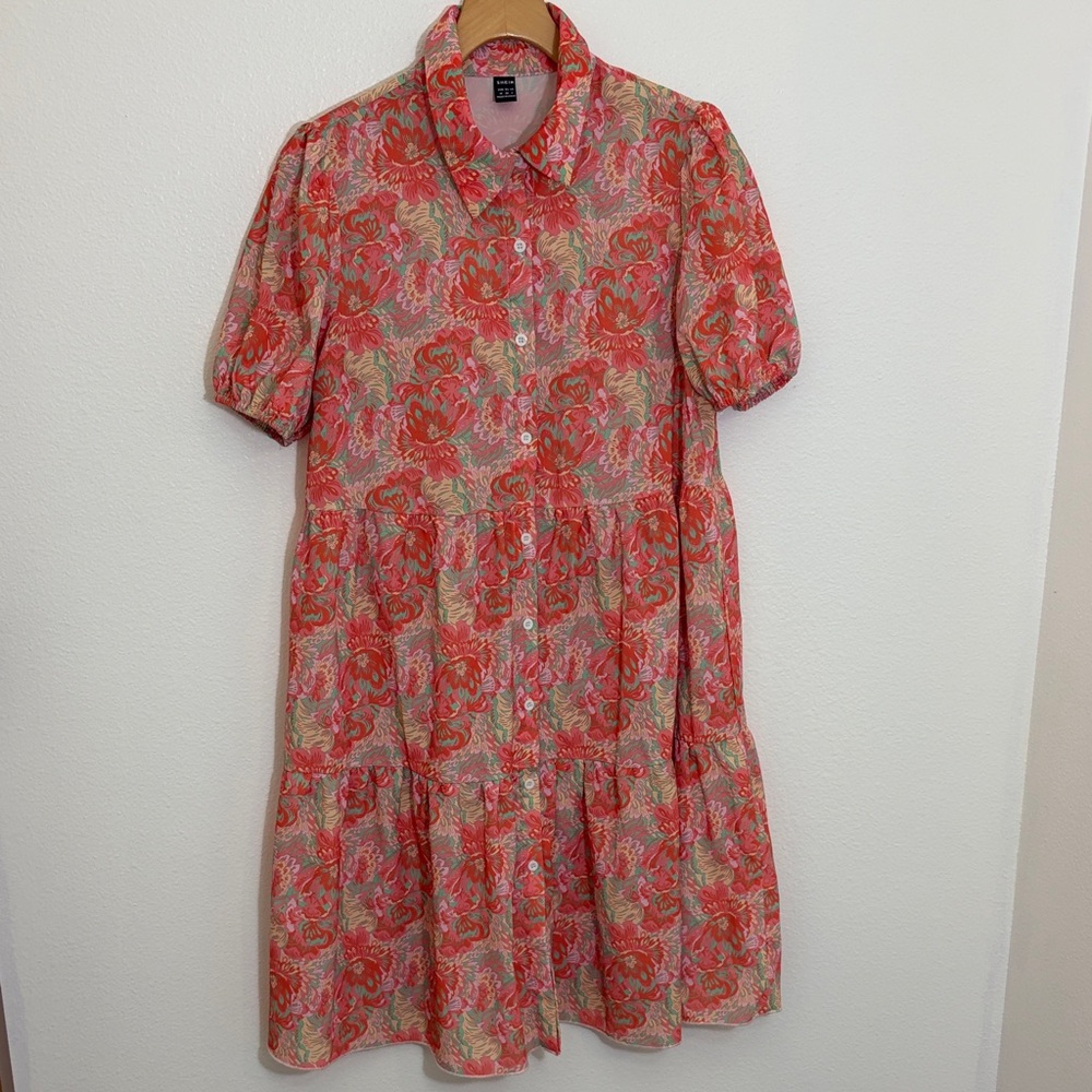 SHEIN Coral Floral Button-Front Tiered Midi Dress